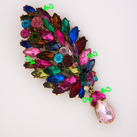 VTG Statement Brooch/Pendant Multi-Color Rhinestones Crystal Pin Jewel Tone - Picture 8 of 10